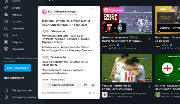Пересказ видео от Яндекса. Можно пересказать видео со всех популярных платформ. Фото.