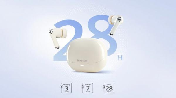 Tronsmart Sounfii R4 — хорошие беспроводные наушники для телефона. Наушники легко проработают до 28 часов при зарядке с помощью кейса. Фото.