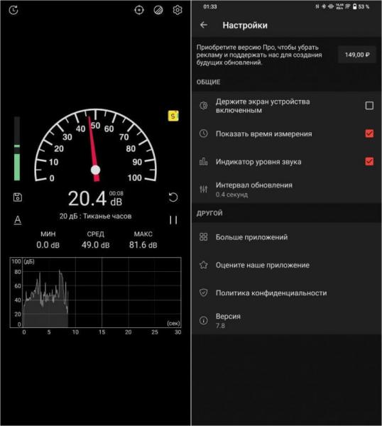 Бесплатный шумомер для смартфона. Шумомер отлично замеряет громкость окружающих звуков. Фото.