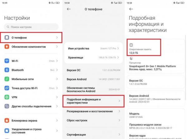 Смотрим, сколько оперативной памяти на телефоне. В настройках показан только общий объем ОЗУ. Фото.