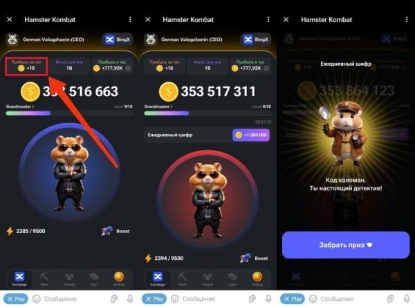 Комбо Hamster Kombat и другие бонусы в хомяке. Новая фишка, помогающая нафармить миллион монет в Hamster Kombat. Фото.