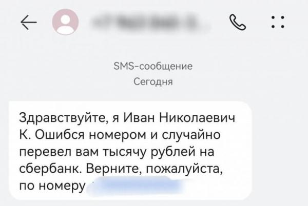 Как мошенники воруют через СберБанк. Следом поступает SMS или звонок от мошенника, который якобы перевел деньги. Фото.