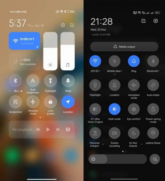 Какая прошивка лучше. Центр управления на MIUI 13 (слева) и realme UI 3.0 (справа). Фото.
