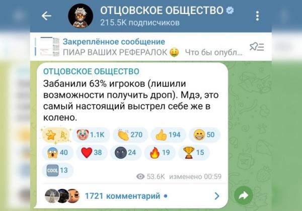 Бан за ключи в хомяке. А еще лгут своим подписчикам, рассказывая о блокировке более половины пользователей. Скриншот: ОТЦОВСКОЕ ОБЩЕСТВО. Фото.