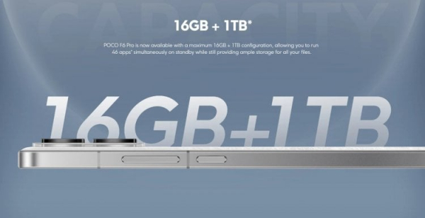 Объем памяти телефона. У POCO F6 Pro есть версия на 1 ТБ, а у iPhone 16 — нет. Фото.