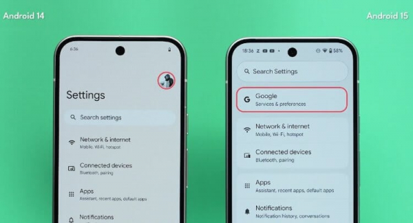 Сравнение Android 14 и Android 15. Раздел настроек Google в Android 15 располагается сразу под поисковой строкой. Фото: Trakin Tech English. Фото.