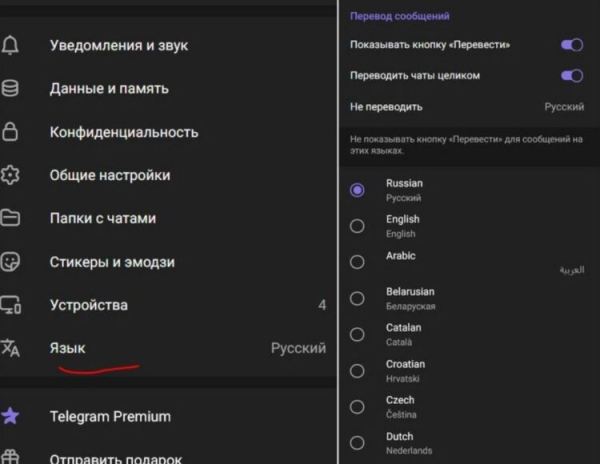 Смена языка в ТГ — дело нескольких секунд. Фото.