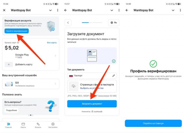 И проходим верификацию Wanttopay. Фото.