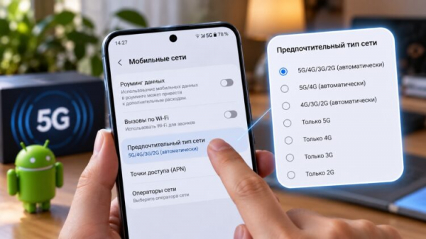 Проверка 5G в настройках сети Android. Фото.