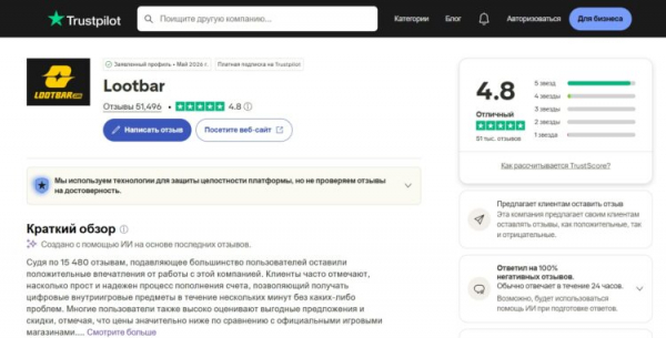 Пользовательский рейтинг Lootbar Russia на Trustpilot. Фото.