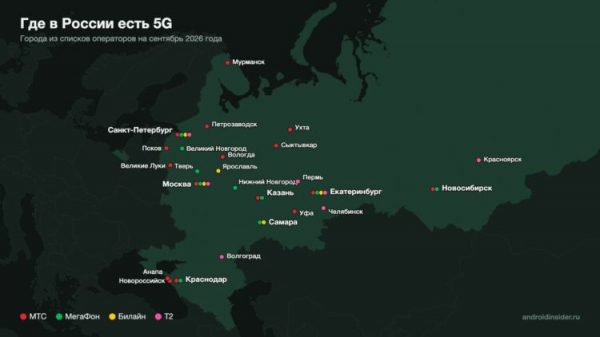 Города с 5G на карте России, цветом отмечены операторы