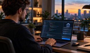 Разработчик за ноутбуком с открытой IDE, рядом панель AI-агента