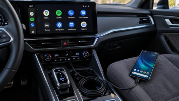 Смартфон подключён к Android Auto по длинному кабелю